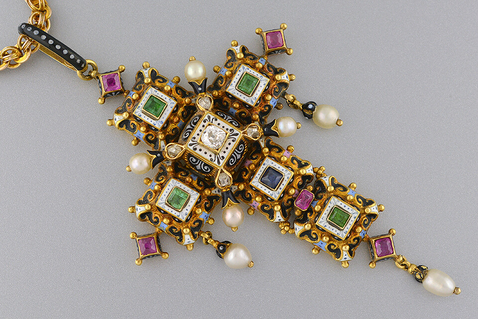 Renaissance-Revival Gold and Enamel Gem-set Cross Pendant