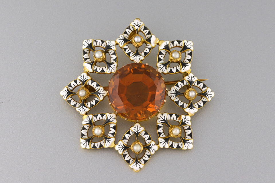 Renaissance-Revival Gold, Enamel, and Orange Zircon Brooch