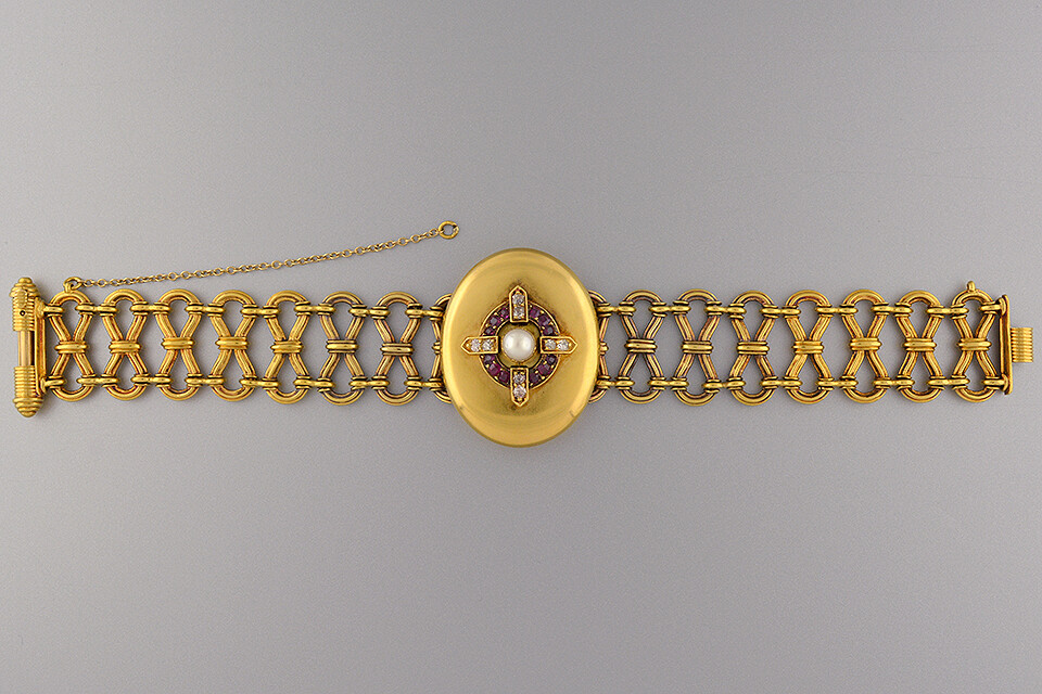 Late Archaeological-Revival Gold, Ruby, and Diamond Bracelet