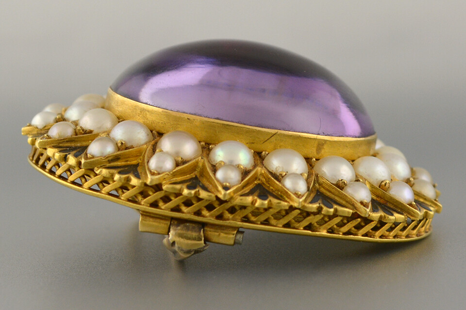 Renaissance Revival Amethyst, Pearl, and Enamel Brooch