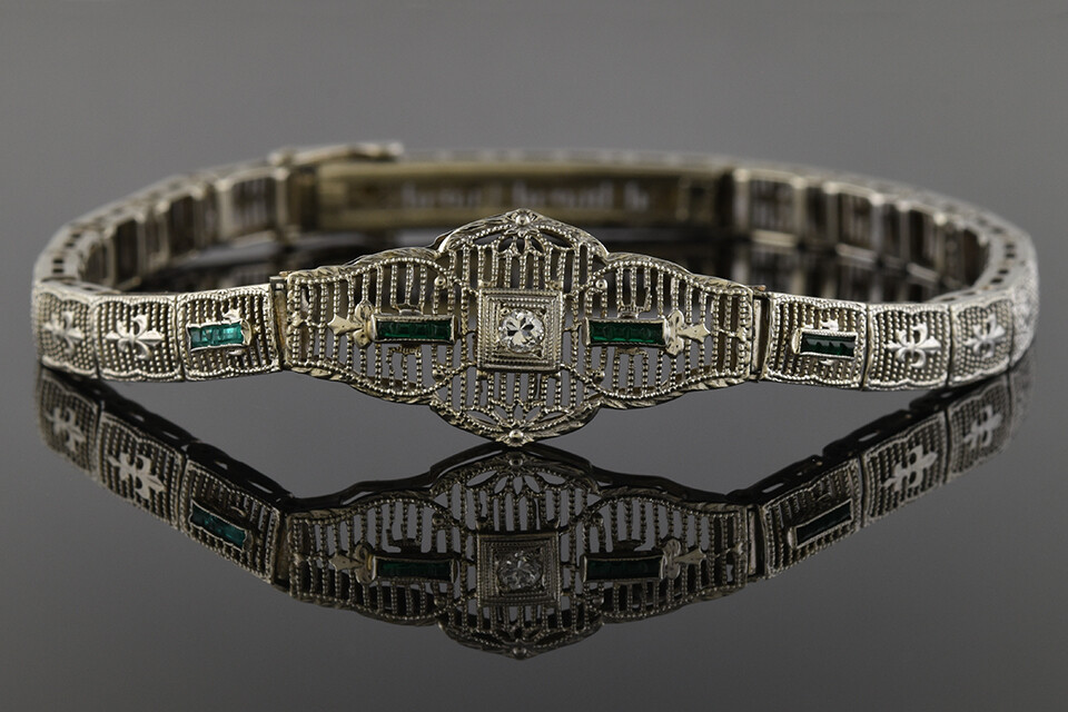Art Deco Filigree Bracelet With Green Trim