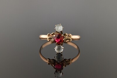 Victorian Ring With Red Center Stone & Moonstones