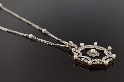 Edwardian Onyx, Pearl and Diamond Pendant