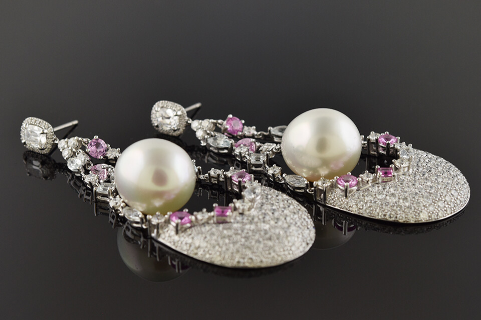 South Sea Pearl, Gemstone & Diamond Earrings