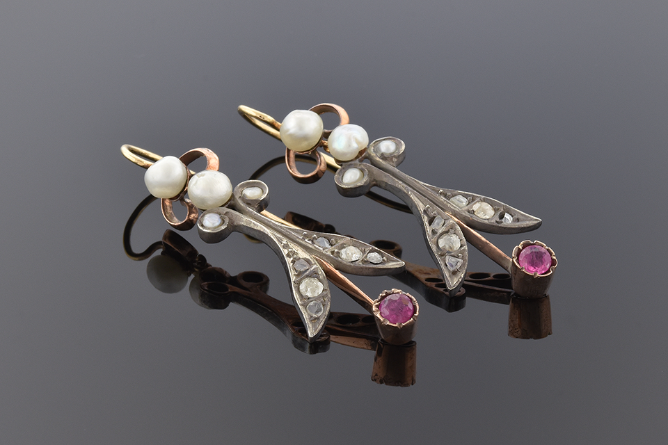 Georgian Ruby Diamond and Pearl Dangle Earrings