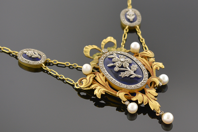 Art Nouveau Diamond and Cobalt Blue Glass Festoon Necklace