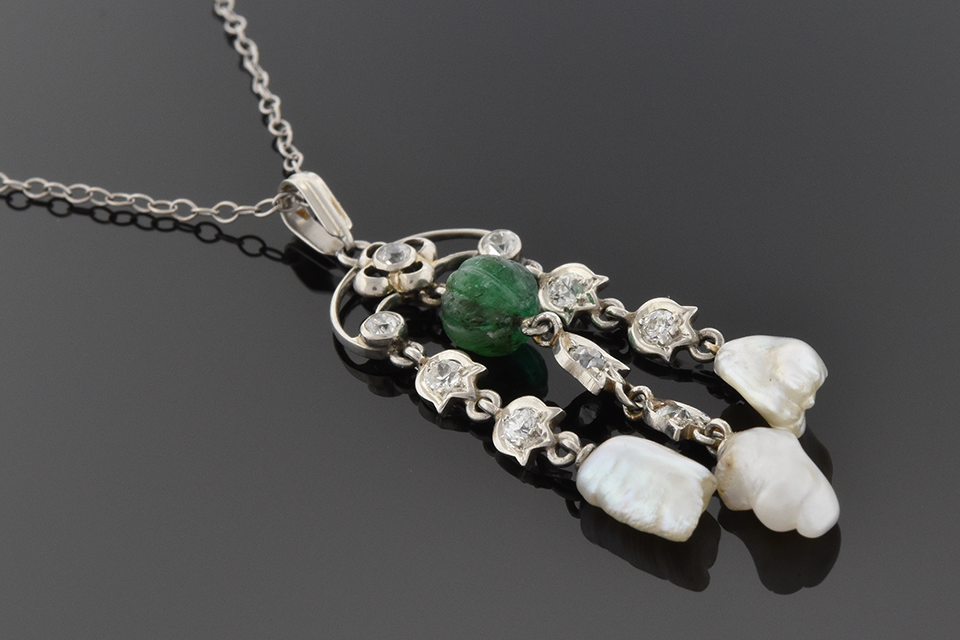 Vintage Diamond Pearl and Emerald Tassel Necklace