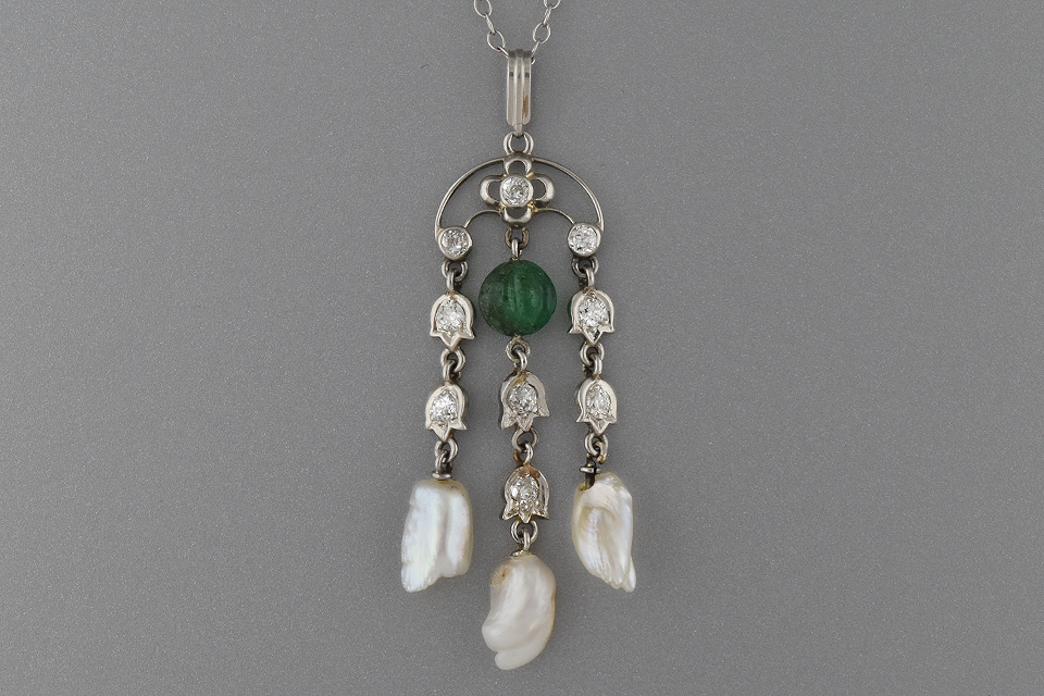 Vintage Diamond Pearl and Emerald Tassel Necklace
