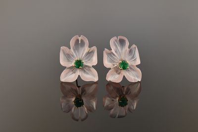 Rose Quartz Flower Earrings with Emerald Centers