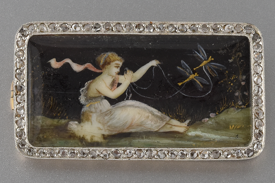 Art Nouveau Enamel Brooch With Diamond Frame
