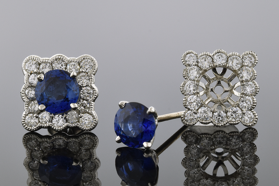 Sapphire Stud Earrings with Scalloped Diamond Jackets