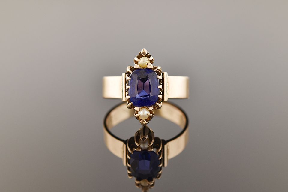 Victorian Synthetic Blue Sapphire &amp; Seed Pearl Ring