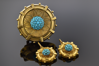 Etruscan Design Turquoise Earring and Brooch Suite