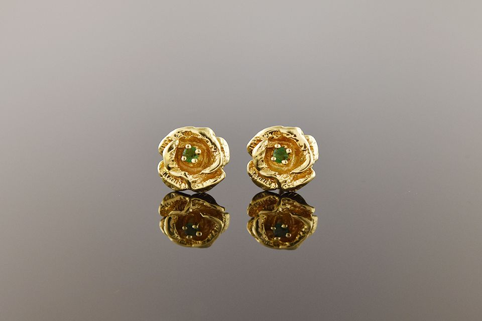Yellow Gold Flower Earrings with Emerald Centers