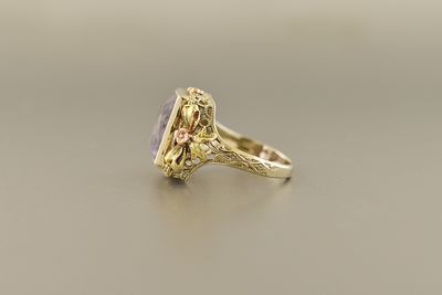 White Gold Filigree Ring with Amethyst &amp; Gold Accents