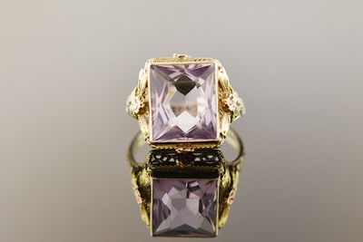 White Gold Filigree Ring with Amethyst &amp; Gold Accents