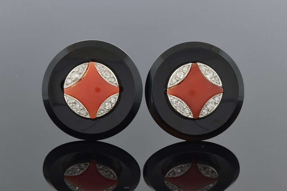 Edwardian Onyx and Coral Cufflink Conversion Earrings