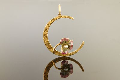 Crescent Moon Pendant with Enamel Pansy