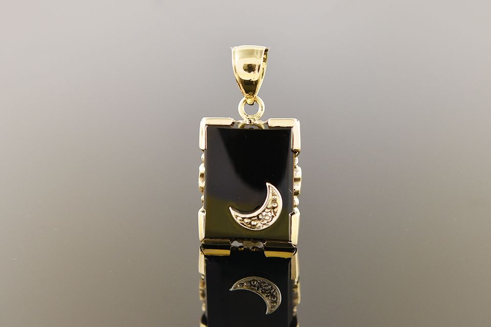 Yellow Gold Moon &amp; Diamond Pendant with Onyx