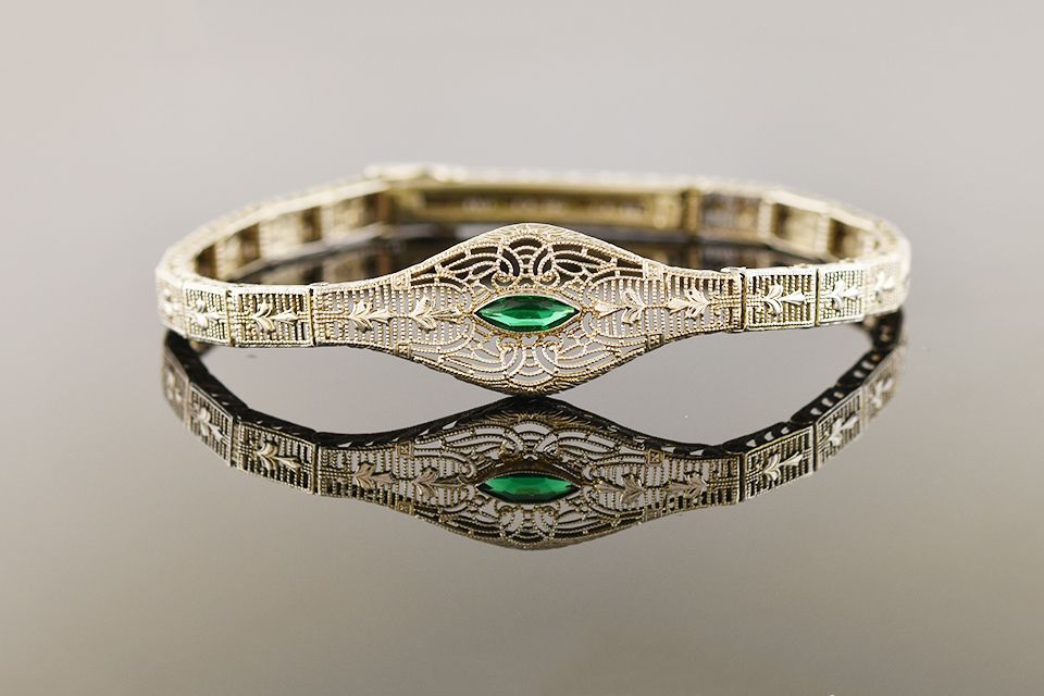 Art Deco Filigree Bracelet with Green Gem