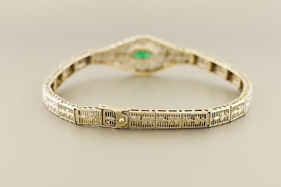 Art Deco Filigree Bracelet with Green Gem