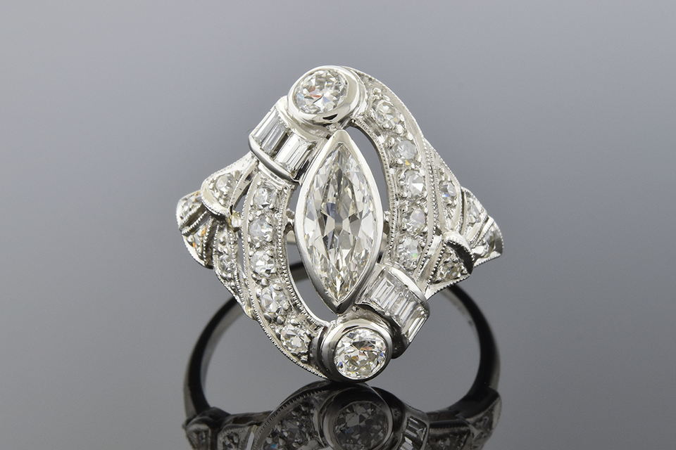 Art Deco Marquise Diamond Ring with Baguettes