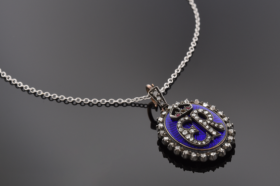 Cobalt Blue Enamel Pendant with Rose Cut Diamonds