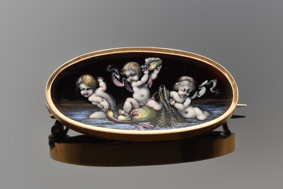 Cherubs Playing In The Sea Enamel Brooch