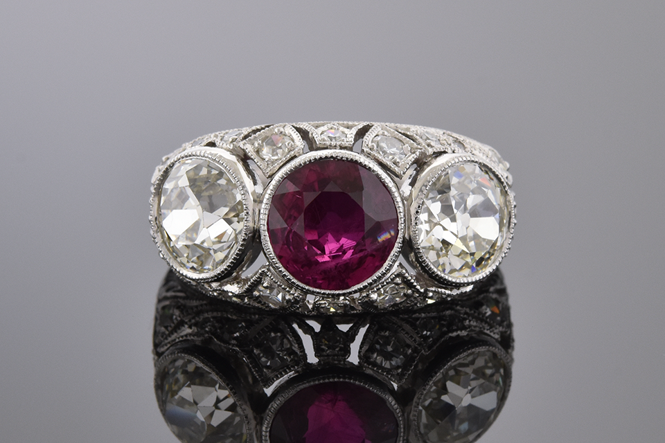 Ruby and Diamond Art Deco Three Stone Ring
