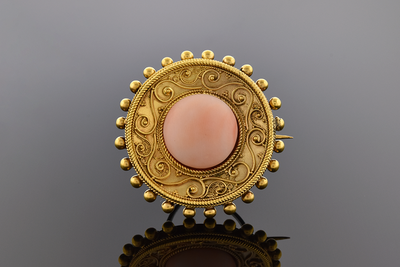 Cabochon Coral Etruscan Pin