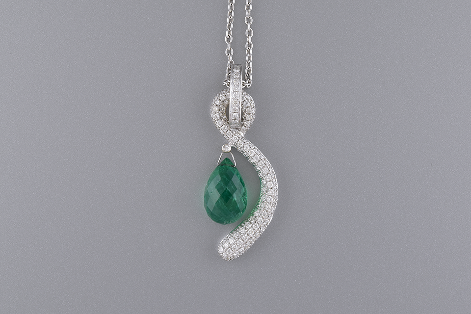 Diamond Swoosh Briolette Emerald Pendant