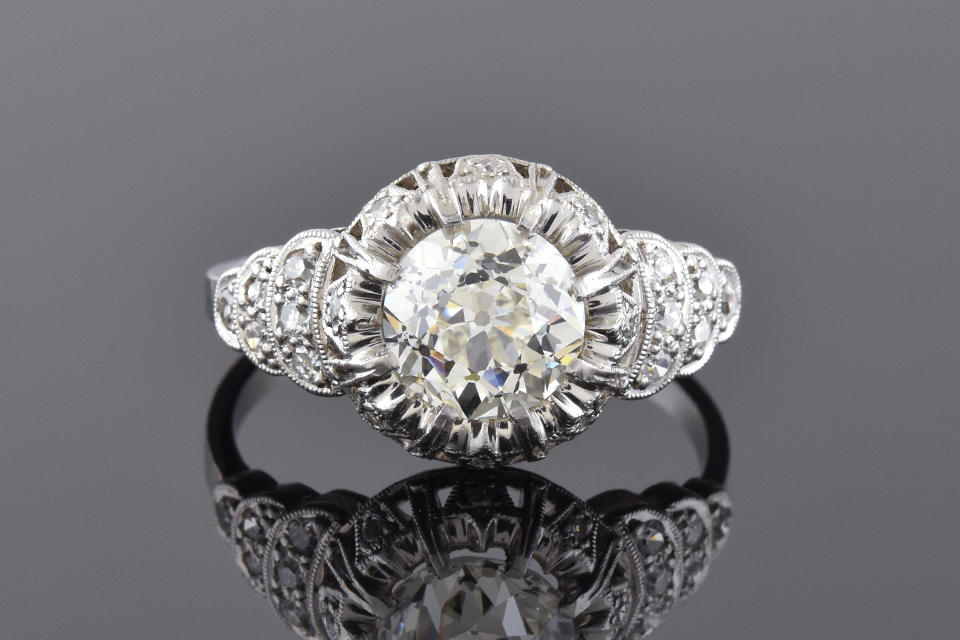 Art Deco Diamond Ring With Tulip Design Halo