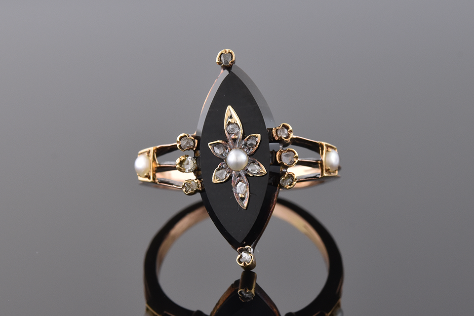 Antique Navette Onyx Ring with a Diamond Flower Center