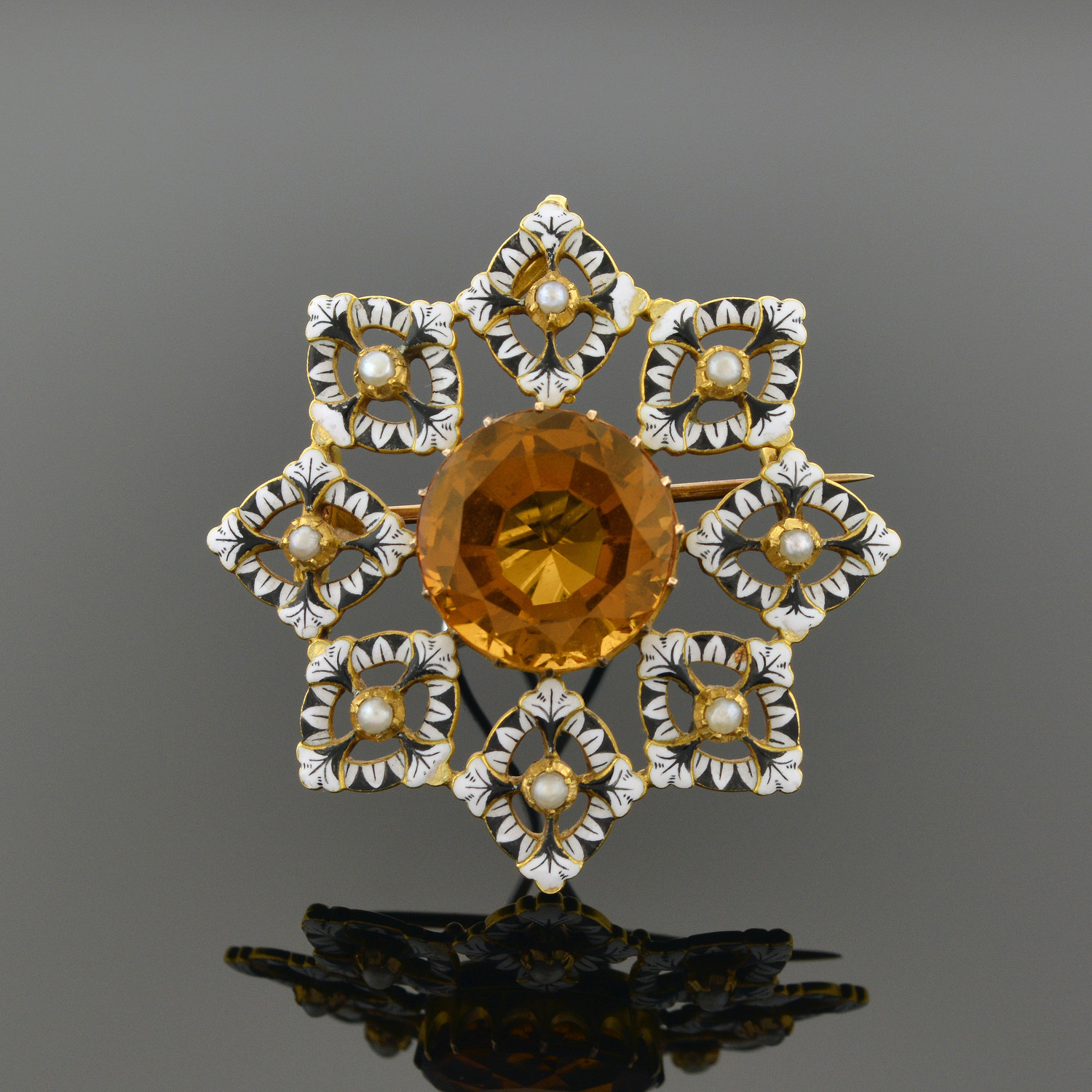 Renaissance-Revival Gold, Enamel, and Orange Zircon Brooch