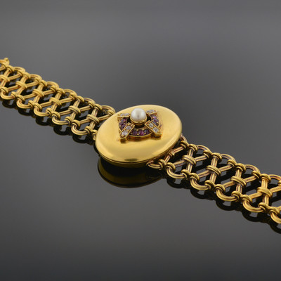 Late Archaeological-Revival Gold, Ruby, and Diamond Bracelet