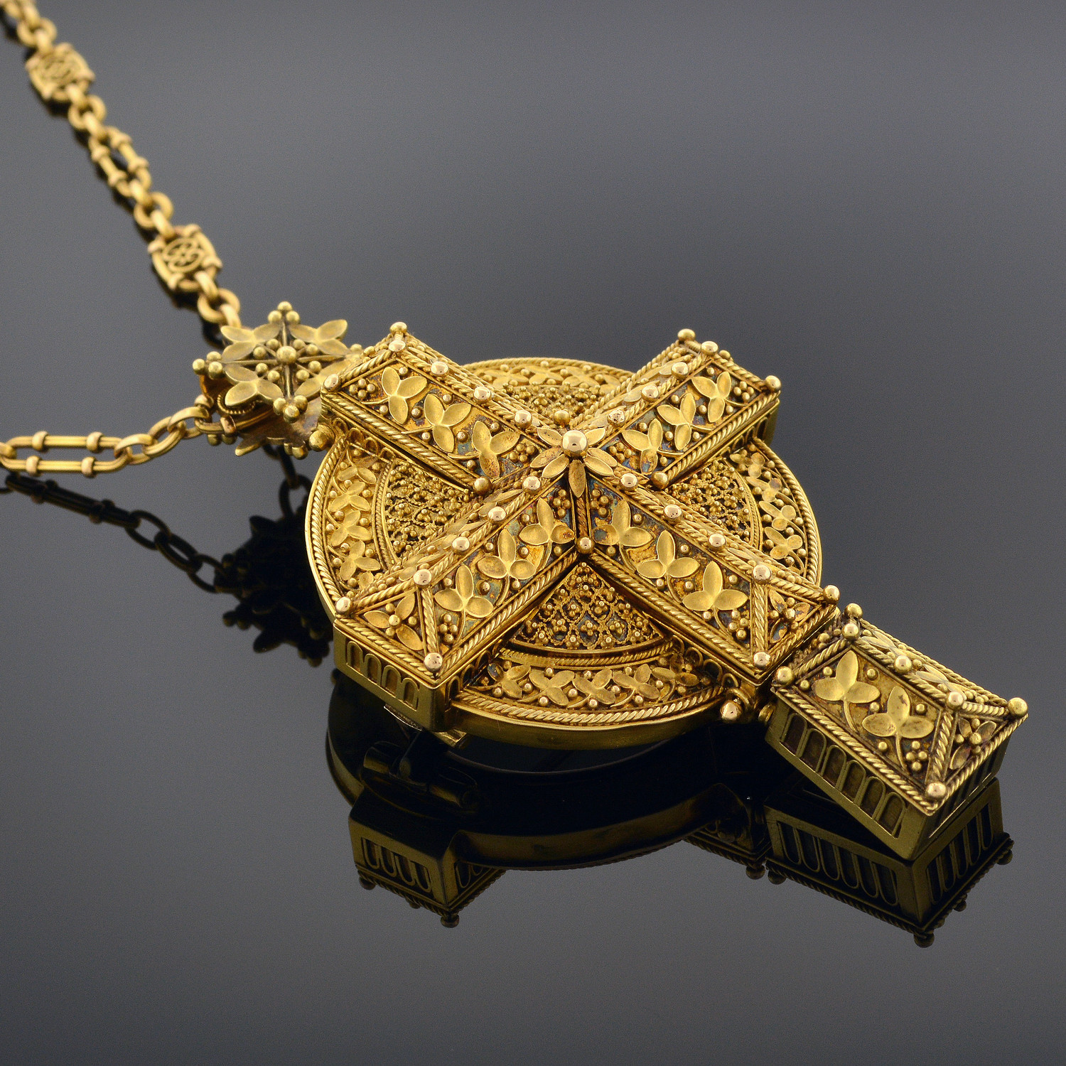 Byzantine-Revival Gold Reliquary Cross Pendant