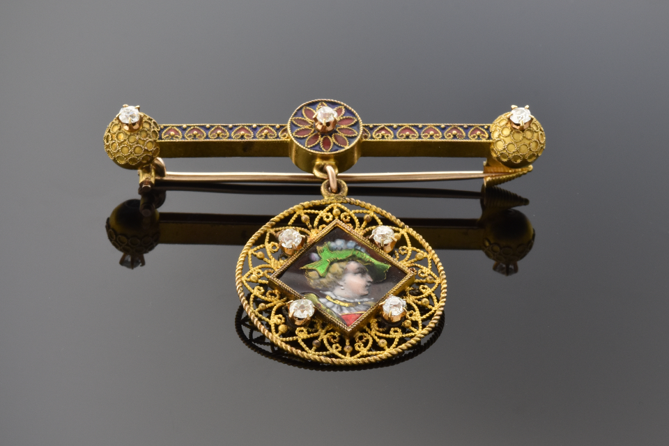 Etruscan Enamel Brooch Detailed Wire Work