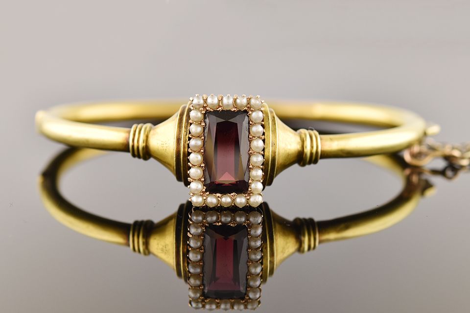 Yellow Gold Garnet &amp; Seed Pearl Bangle Bracelet