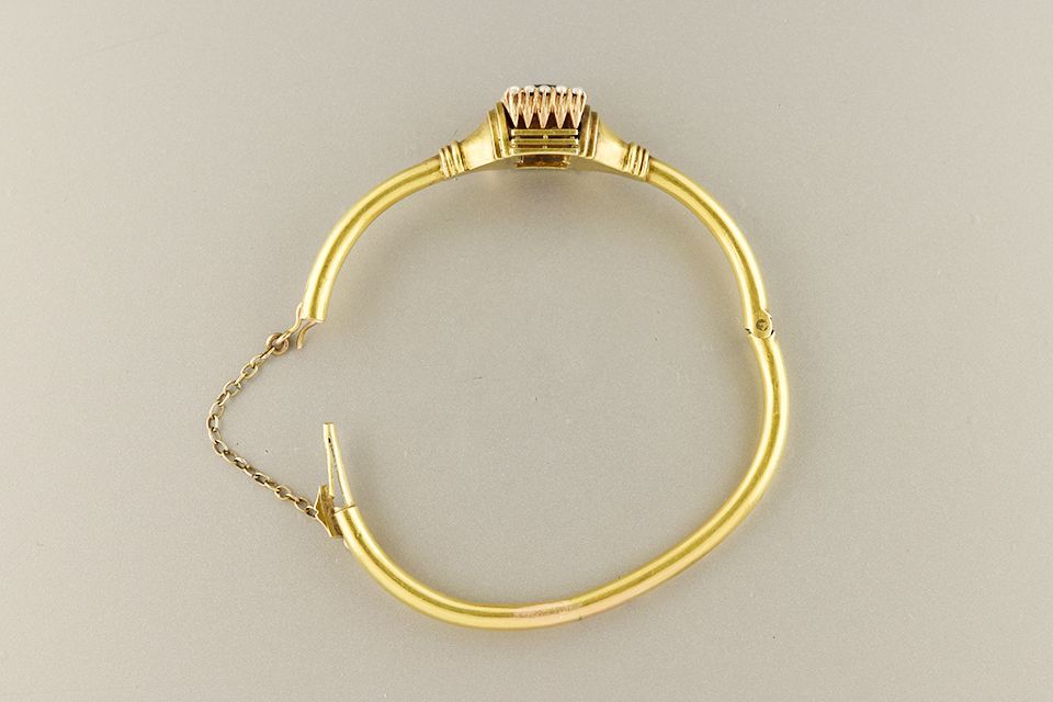 Yellow Gold Garnet &amp; Seed Pearl Bangle Bracelet