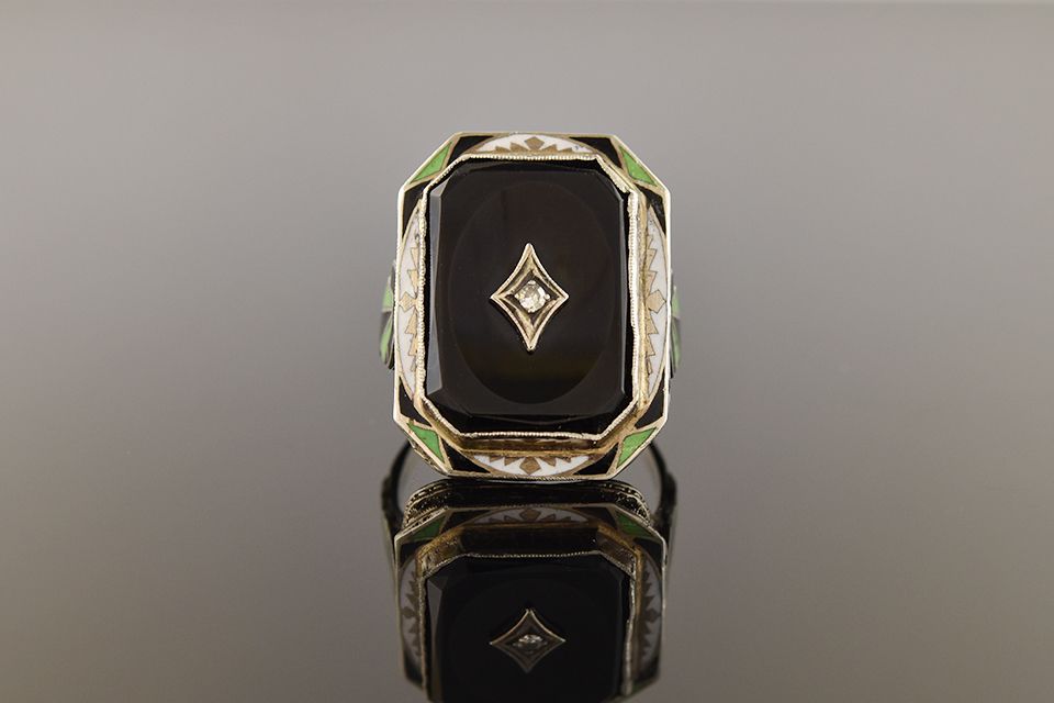Enamel Filigree Onyx Ring