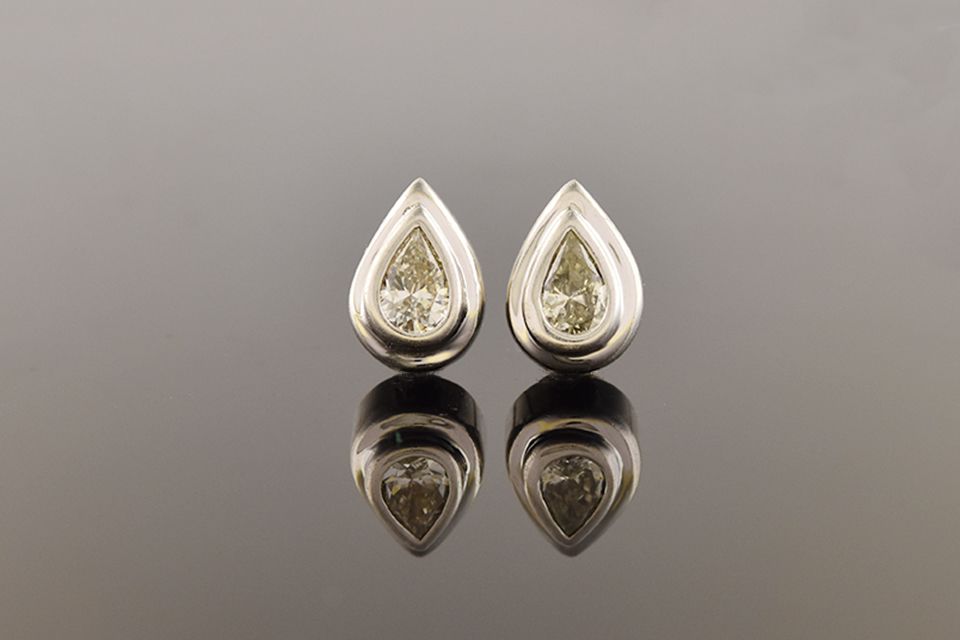14K White Gold Pear Shaped Diamond Bezel Stud Earrings