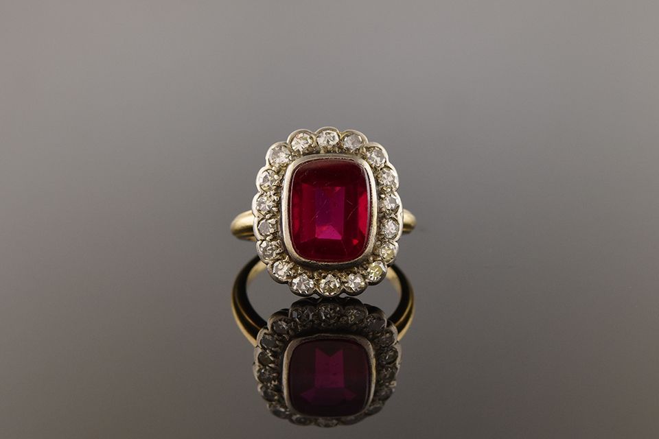 Victorian Diamond Halo Ring with Synthetic Ruby Center
