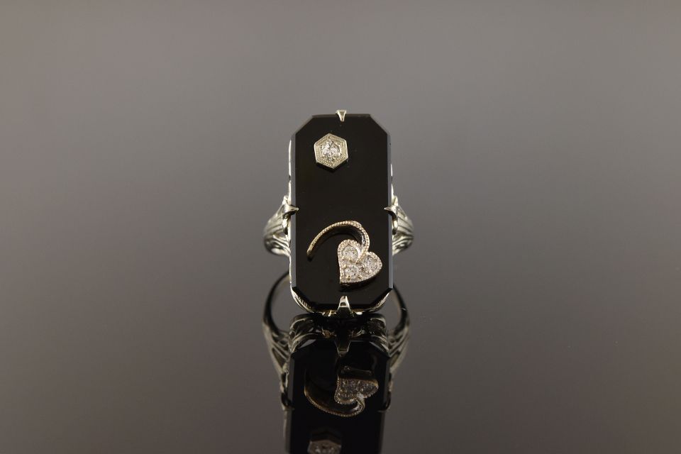 Art Deco Onyx &amp; Diamond Filigree Ring