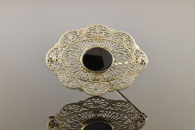 Art Deco Filigree Onyx Brooch