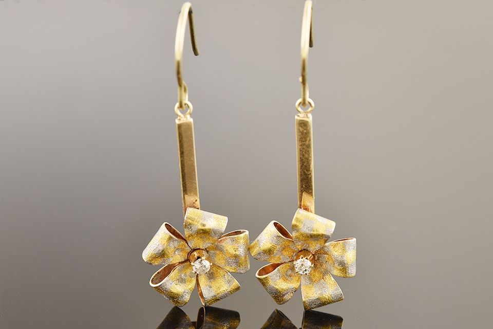 Vintage 14k Tri Color Gold Diamond Flower Dangle Earrings