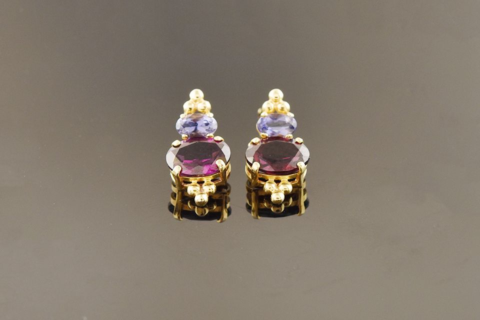 Modern Yellow Gold Tanzanite &amp; Garnet Drop Earrings
