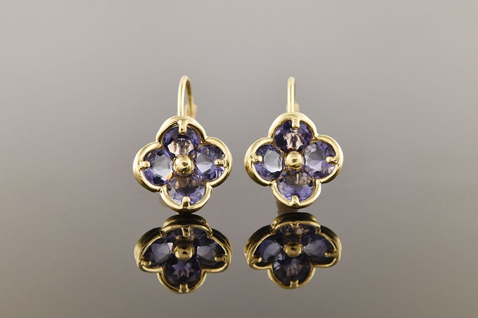 14k Yellow Gold Iolite Flower Leverback Earrings