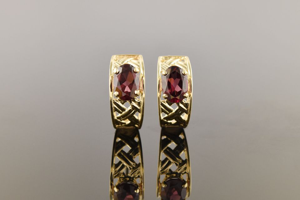 Gold Pink Tourmaline Basket Weave Hoop Earrings