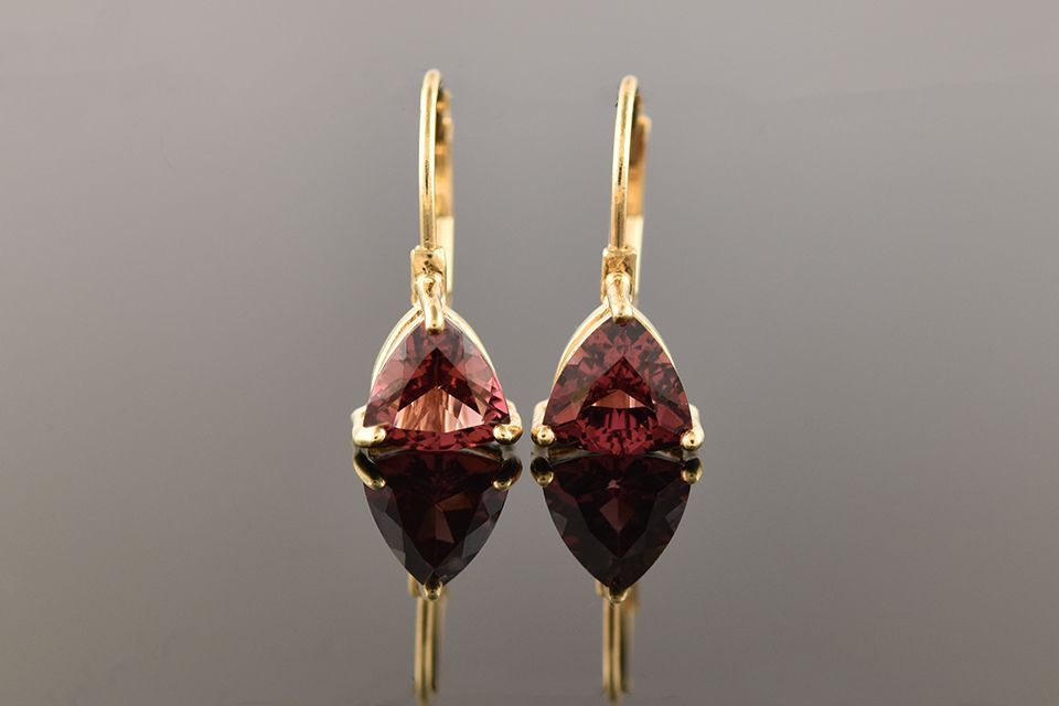 Yellow Gold Triangle Pink Tourmaline Earrings
