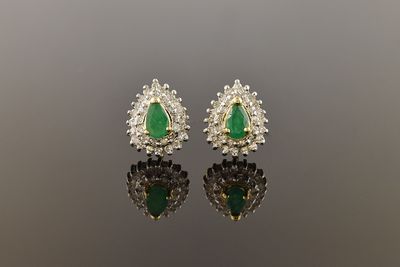 Yellow Gold Emerald Halo Diamond Earrings